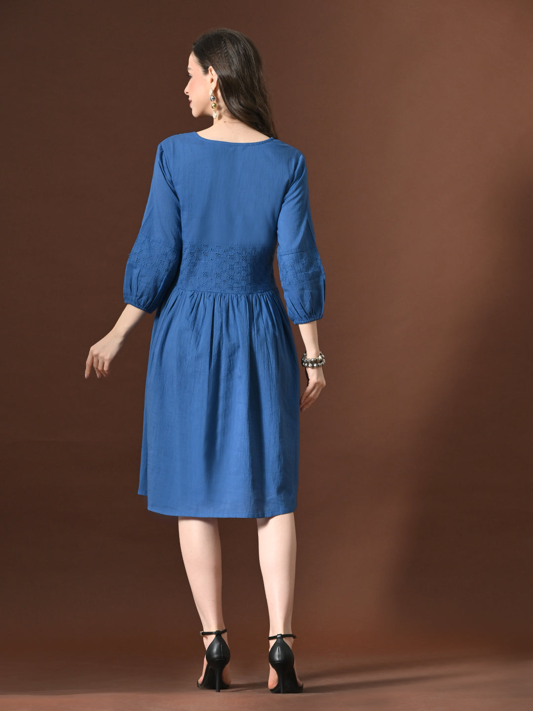 Myshka Women Embellished Embroidered Fit & Flare Dress Keyhole Neck Puff Sleeves