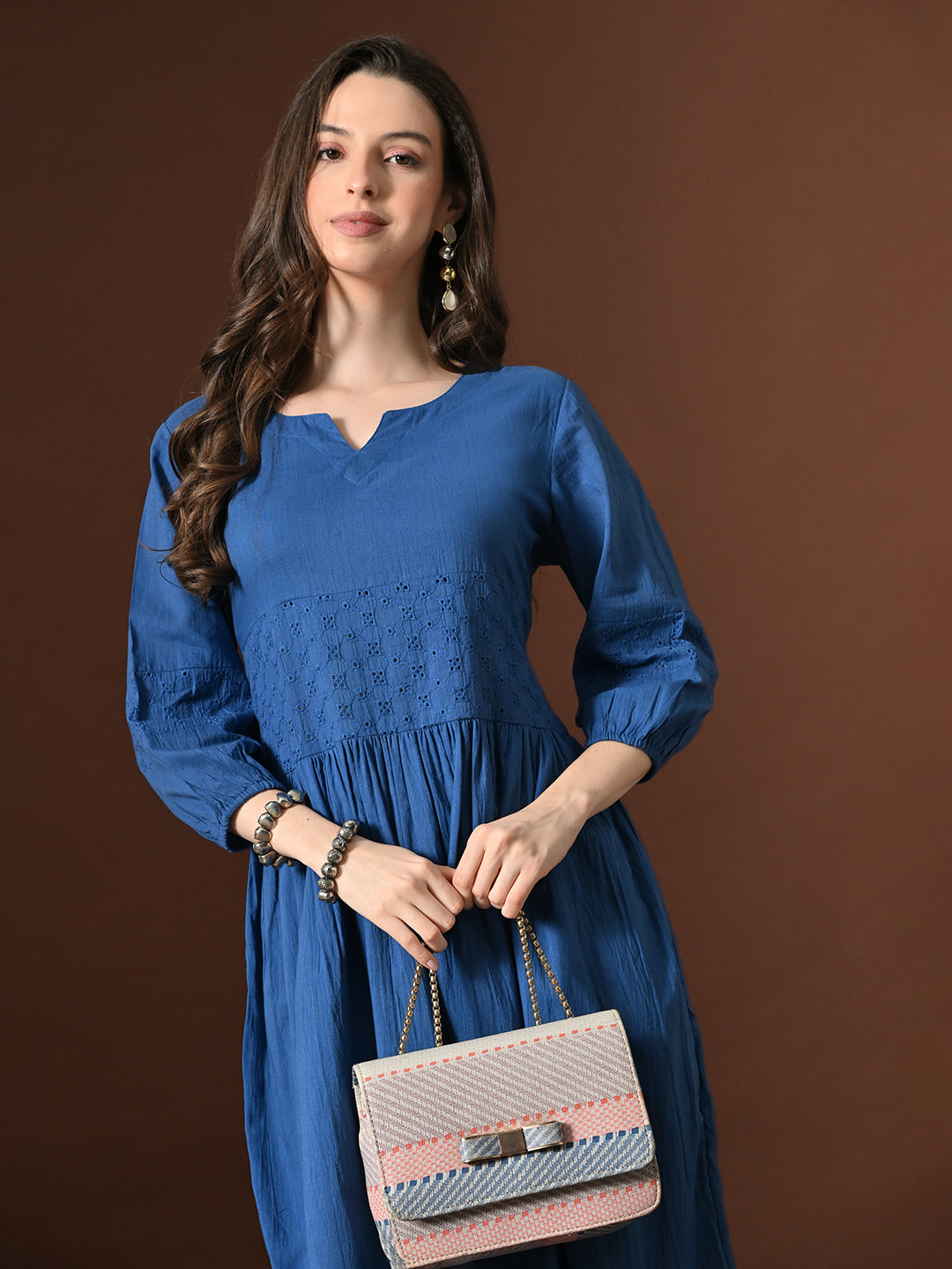 Myshka Women Embellished Embroidered Fit & Flare Dress Keyhole Neck Puff Sleeves
