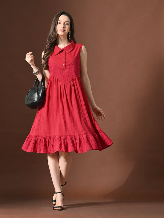 Myshka Women Embellished Embroidered Fit & Flare Dress Shirt Collar Sleeveless