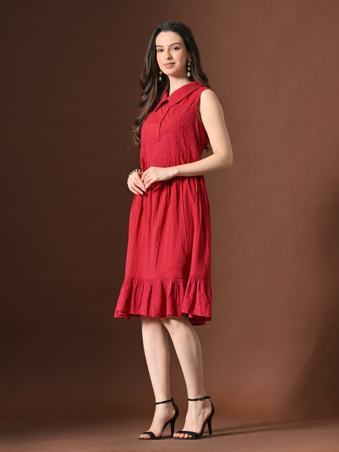 Myshka Women Embellished Embroidered Fit & Flare Dress Shirt Collar Sleeveless
