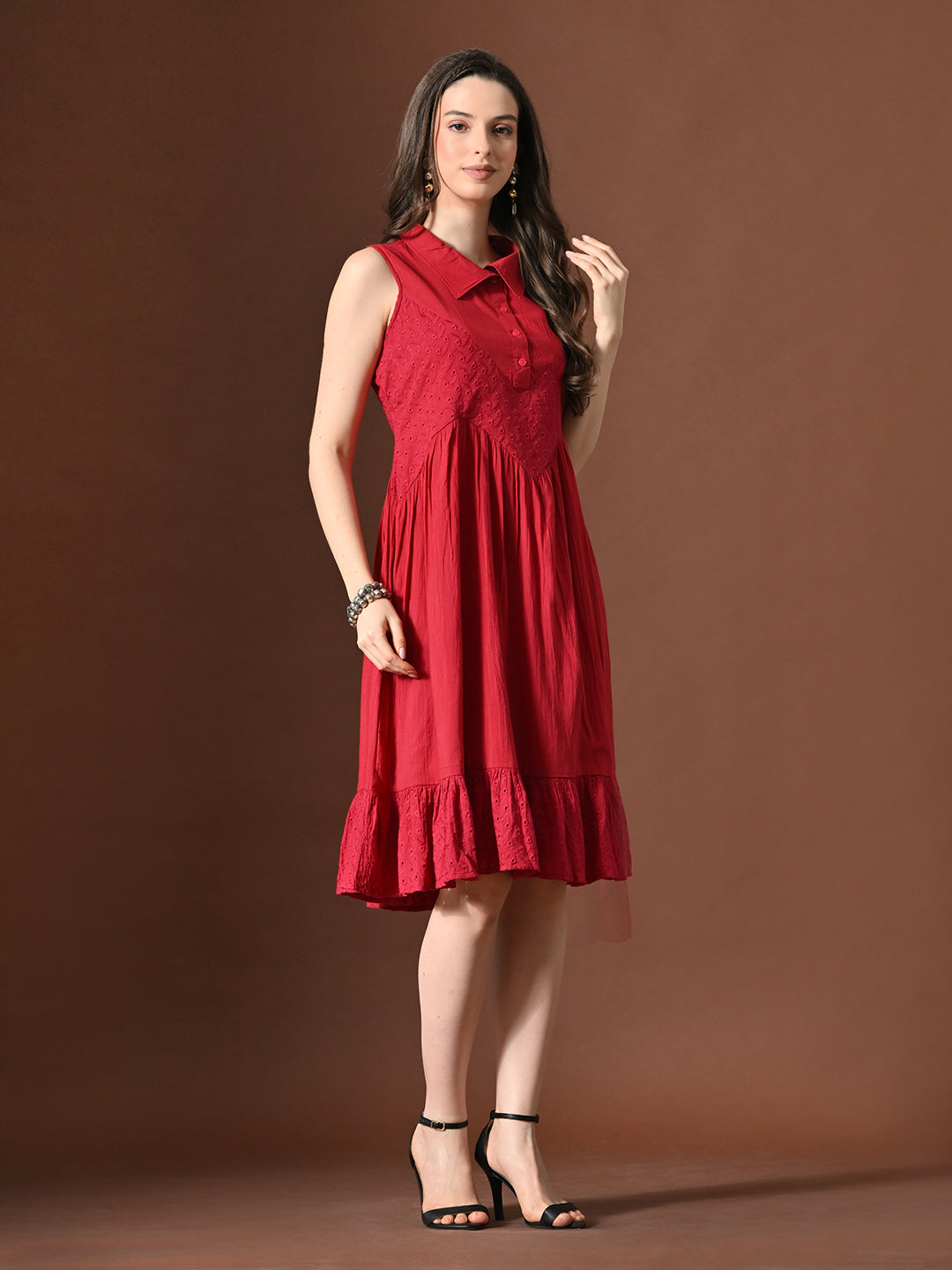 Myshka Women Embellished Embroidered Fit & Flare Dress Shirt Collar Sleeveless