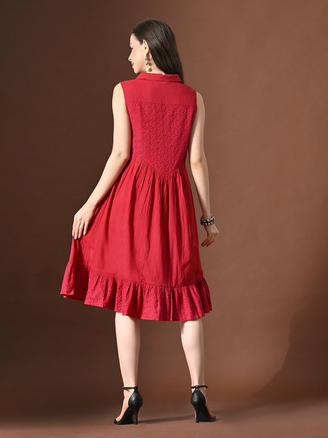 Myshka Women Embellished Embroidered Fit & Flare Dress Shirt Collar Sleeveless