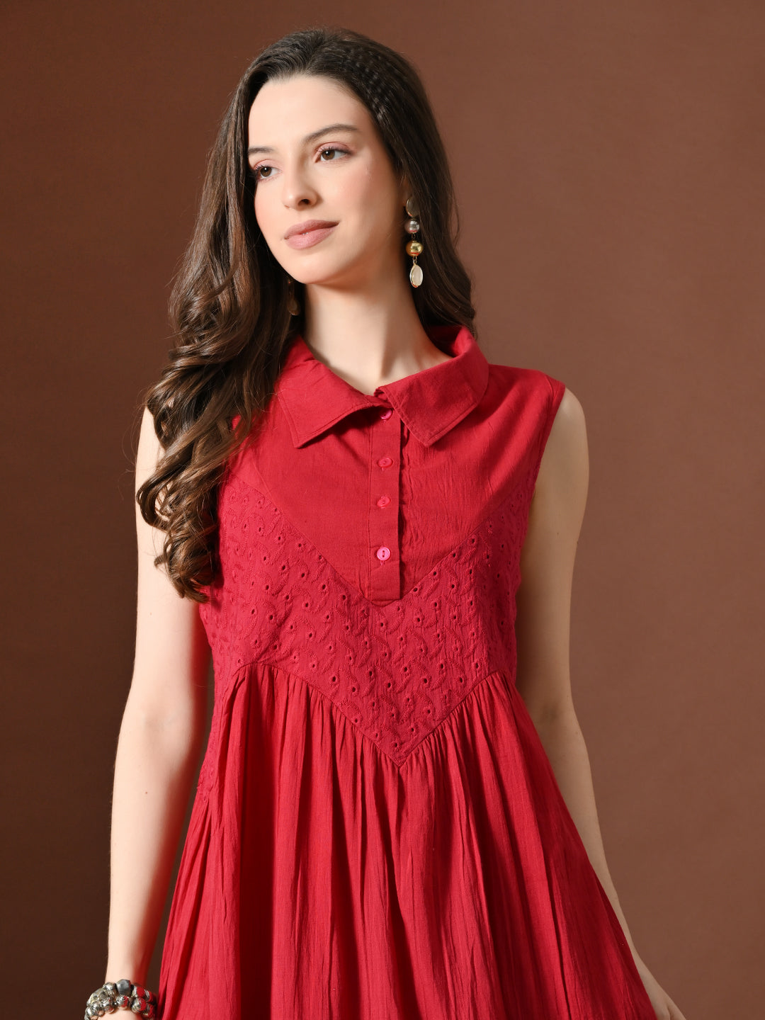 Myshka Women Embellished Embroidered Fit & Flare Dress Shirt Collar Sleeveless