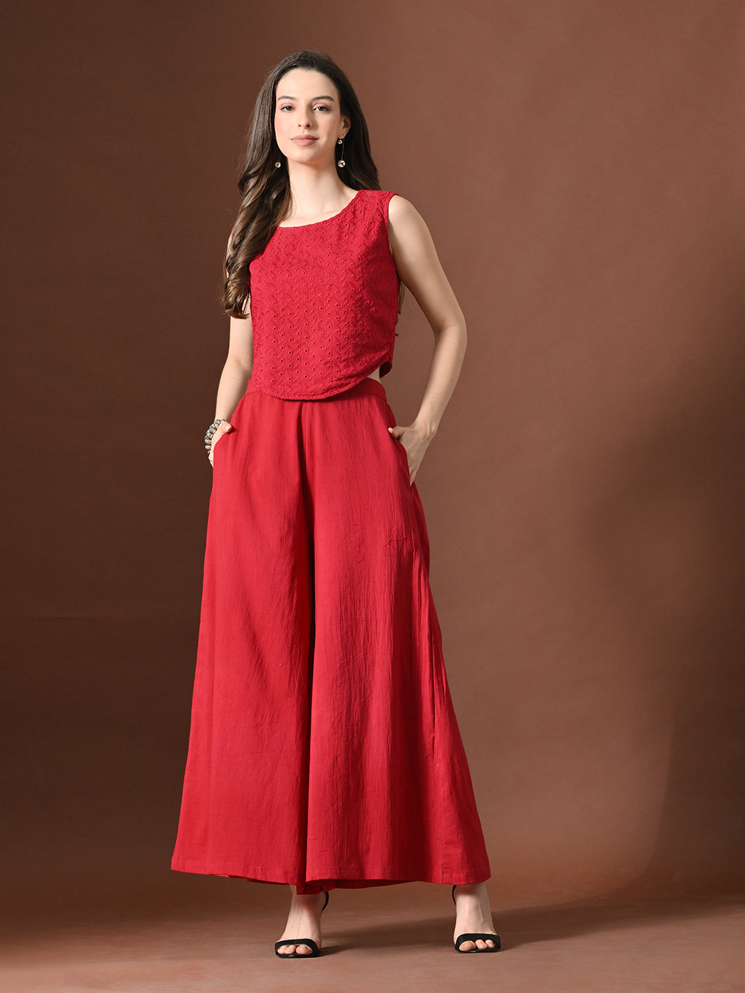 Myshka Women Red Pure Cotton Sleeveless Schiffli Top with Flared Trouser 