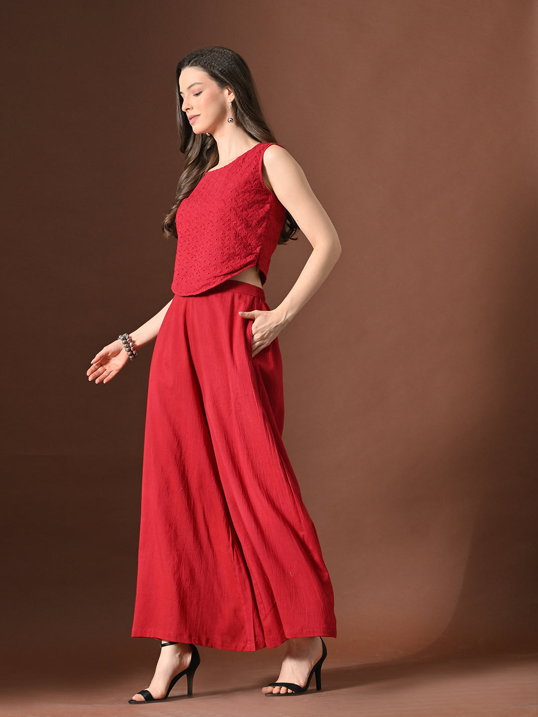 Myshka Women Red Pure Cotton Sleeveless Schiffli Top with Flared Trouser 
