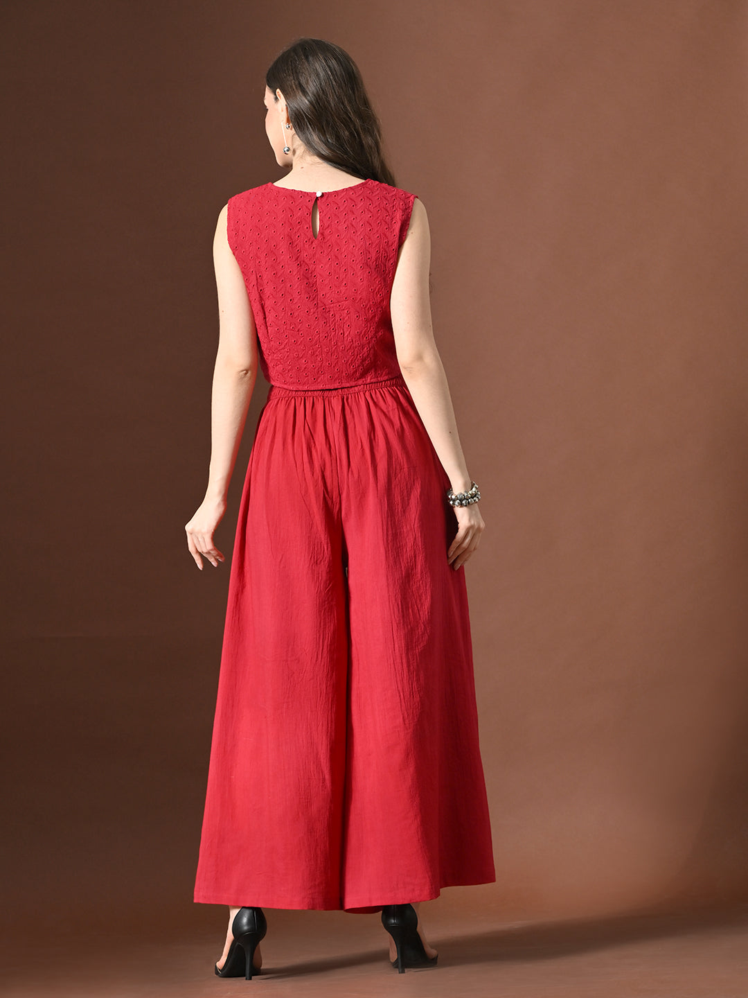 Myshka Women Red Pure Cotton Sleeveless Schiffli Top with Flared Trouser 