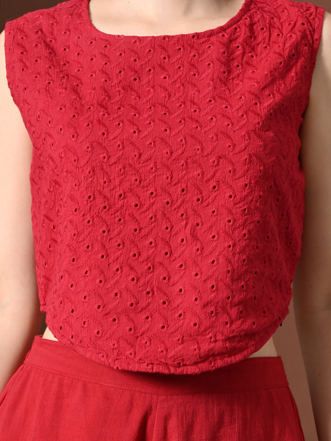 Myshka Women Red Pure Cotton Sleeveless Schiffli Top with Flared Trouser 
