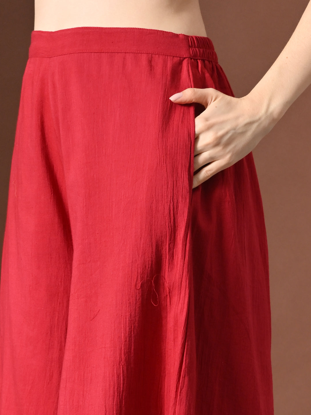 Myshka Women Red Pure Cotton Sleeveless Schiffli Top with Flared Trouser 