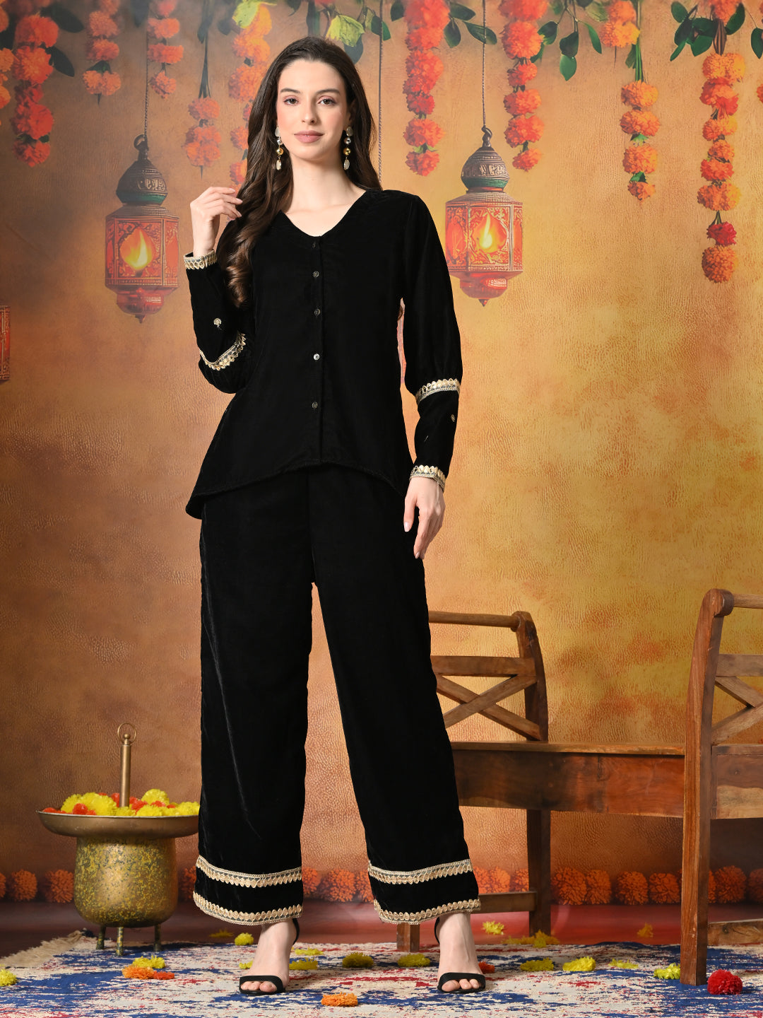 Myshka Women Black Velvet Shirt Embroidered Full Sleeves with Flared Trouser 