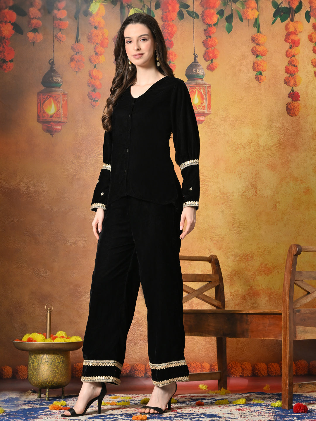 Myshka Women Black Velvet Shirt Embroidered Full Sleeves with Flared Trouser 