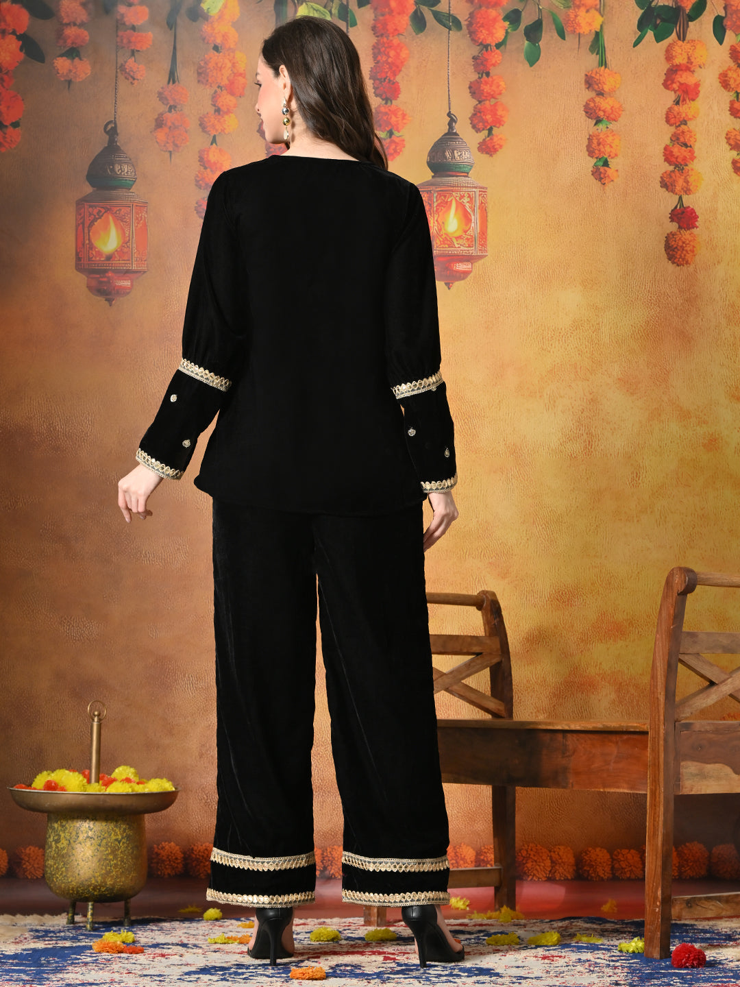 Myshka Women Black Velvet Shirt Embroidered Full Sleeves with Flared Trouser 