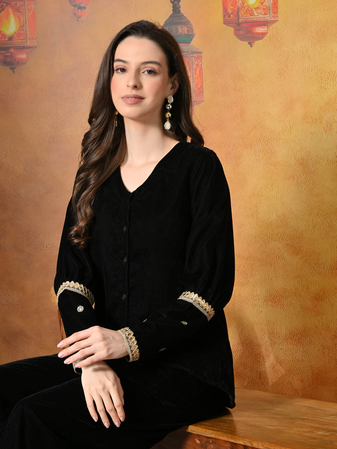 Myshka Women Black Velvet Shirt Embroidered Full Sleeves with Flared Trouser 