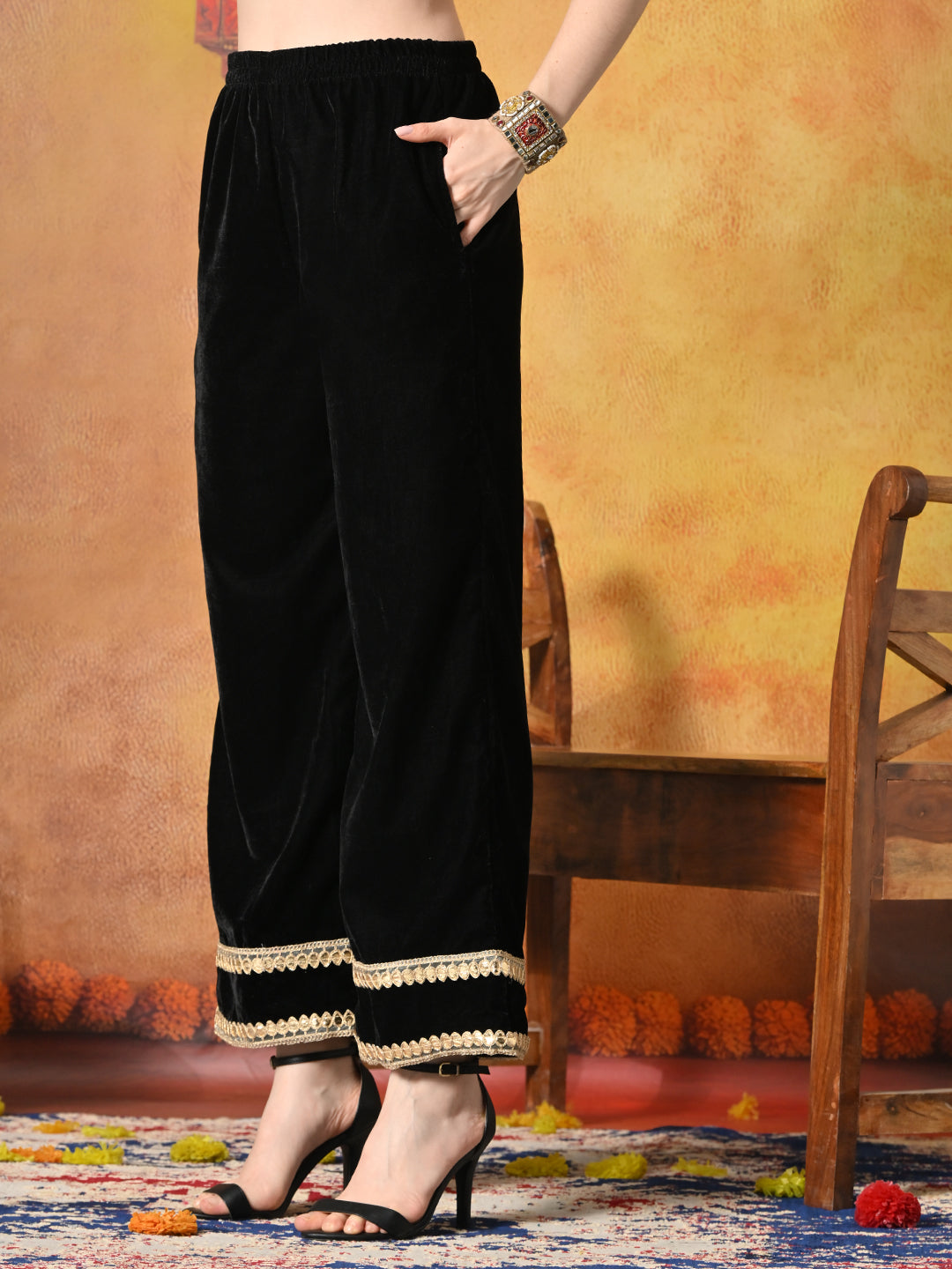 Myshka Women Black Velvet Shirt Embroidered Full Sleeves with Flared Trouser 