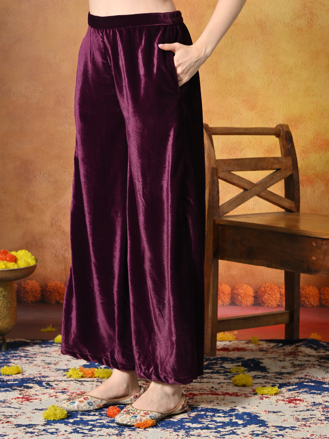 Myshka Women Wine Velvet Flared Sleeves Kurta Set