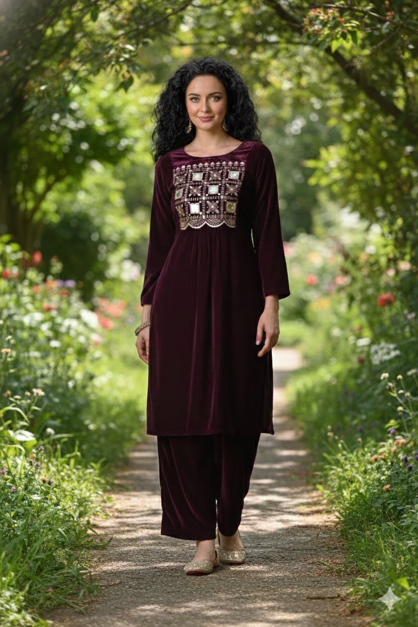 Myshka Women Wine Velvet Embroidered Full Sleeve Kurta With Trouser | Grab2Buy
