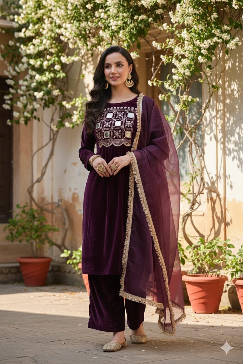 Myshka Women Wine Velvet Embroidered Full Sleeve Kurta Set with Organza Dupatta 