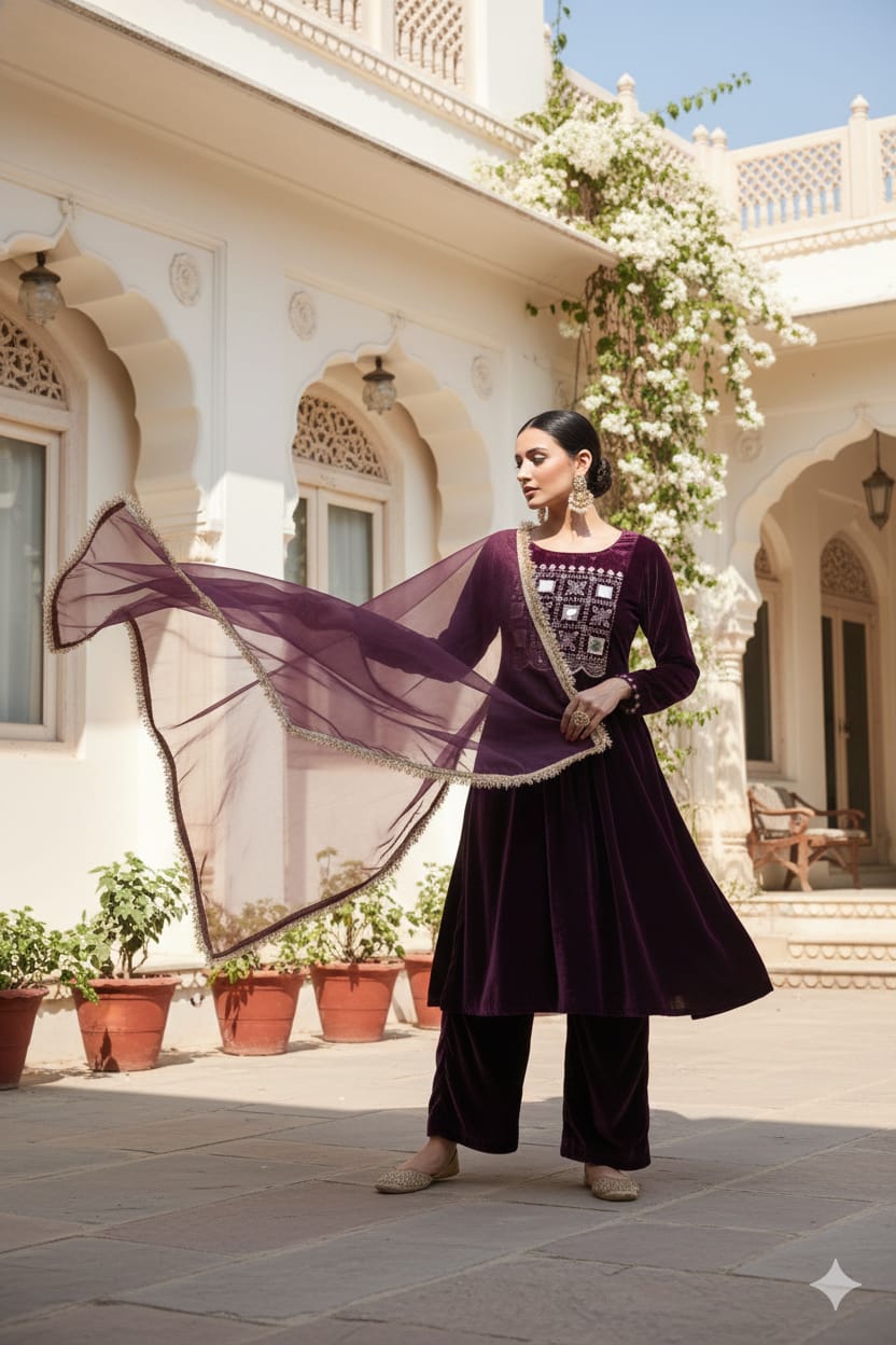 Myshka Women Wine Velvet Embroidered Full Sleeve Kurta Set with Organza Dupatta 