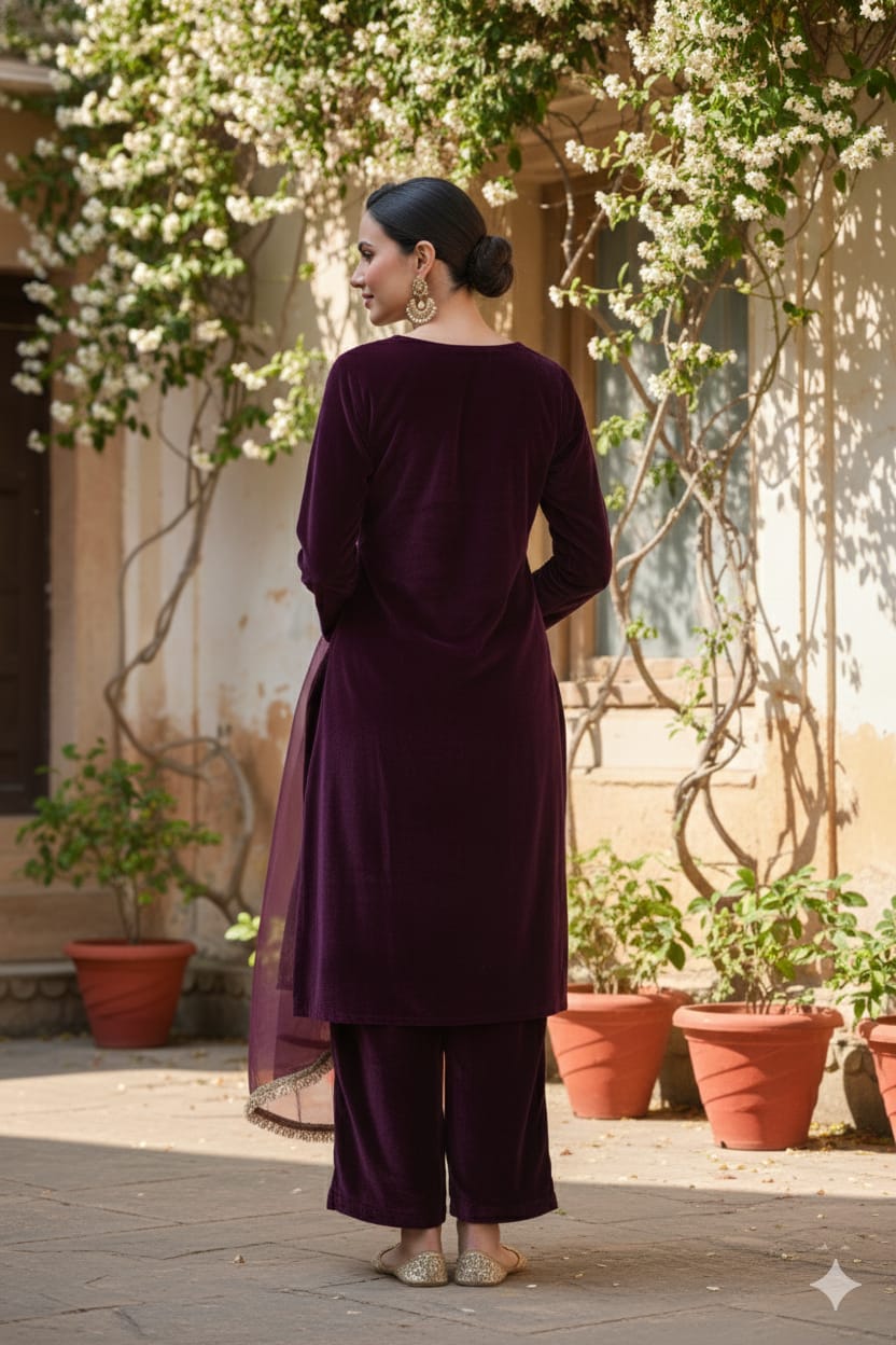 Myshka Women Wine Velvet Embroidered Full Sleeve Kurta Set with Organza Dupatta 
