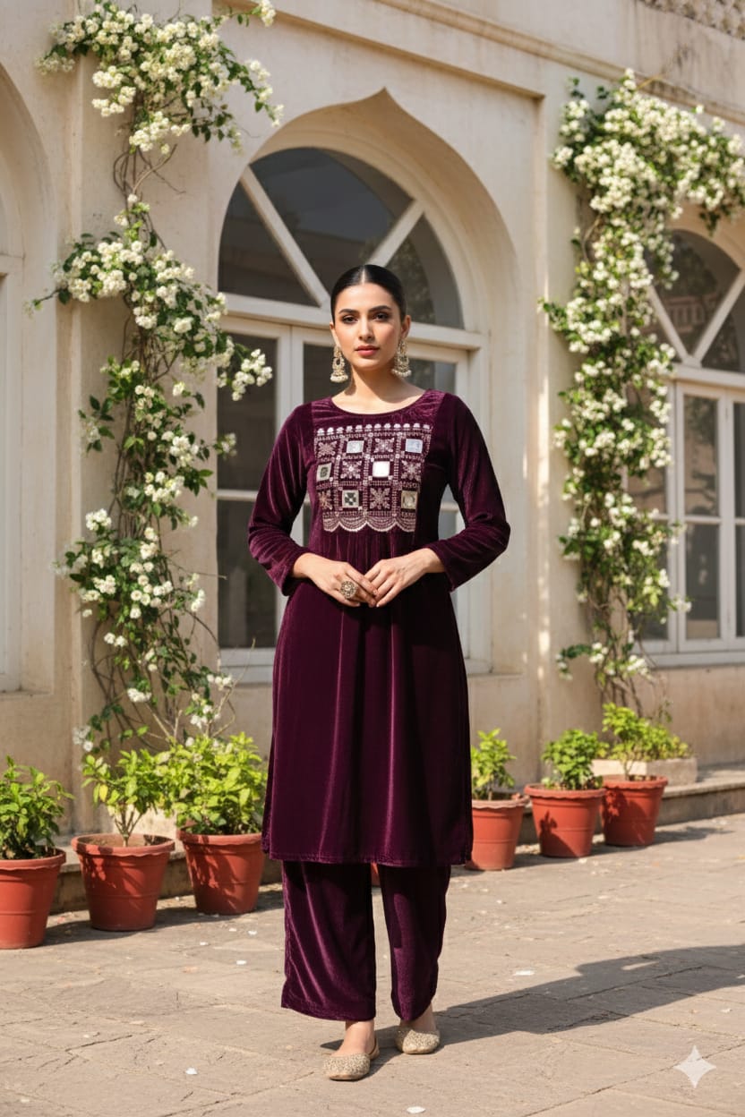 Myshka Women Wine Velvet Embroidered Full Sleeve Kurta Set with Organza Dupatta 