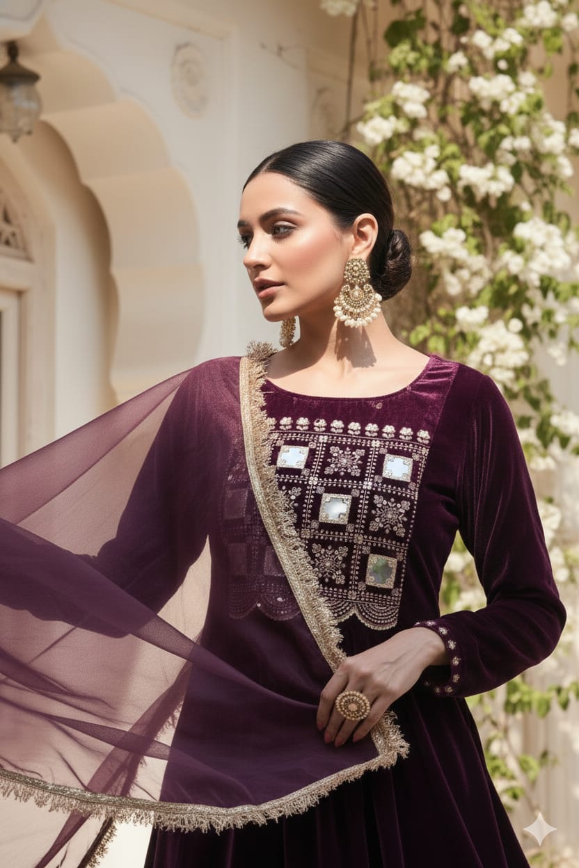 Myshka Women Wine Velvet Embroidered Full Sleeve Kurta Set with Organza Dupatta 