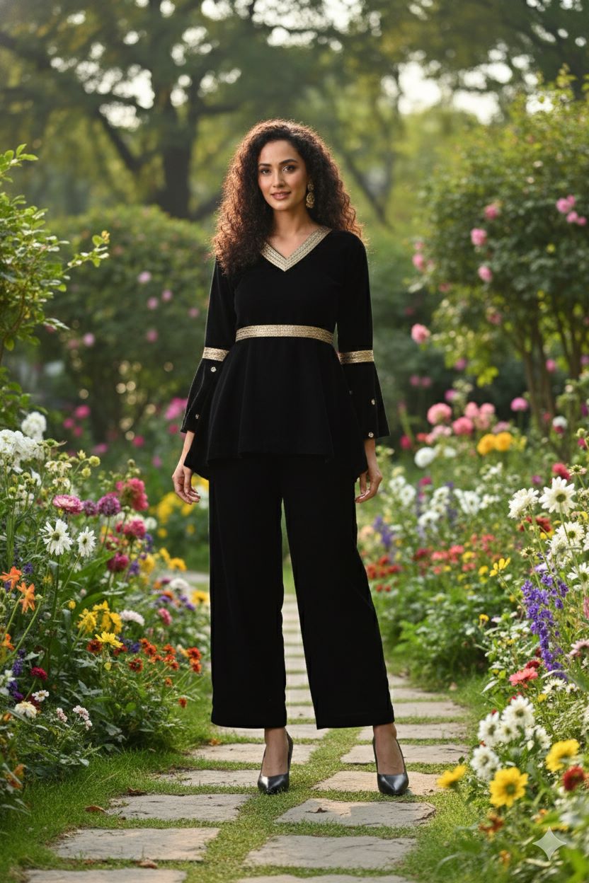 Myshka Women Black Velvet Peplum Top with Belt & Trouser Co-ord Set 