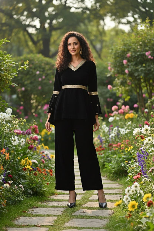 Myshka Women Black Velvet Peplum Top with Belt & Trouser Co-ord Set