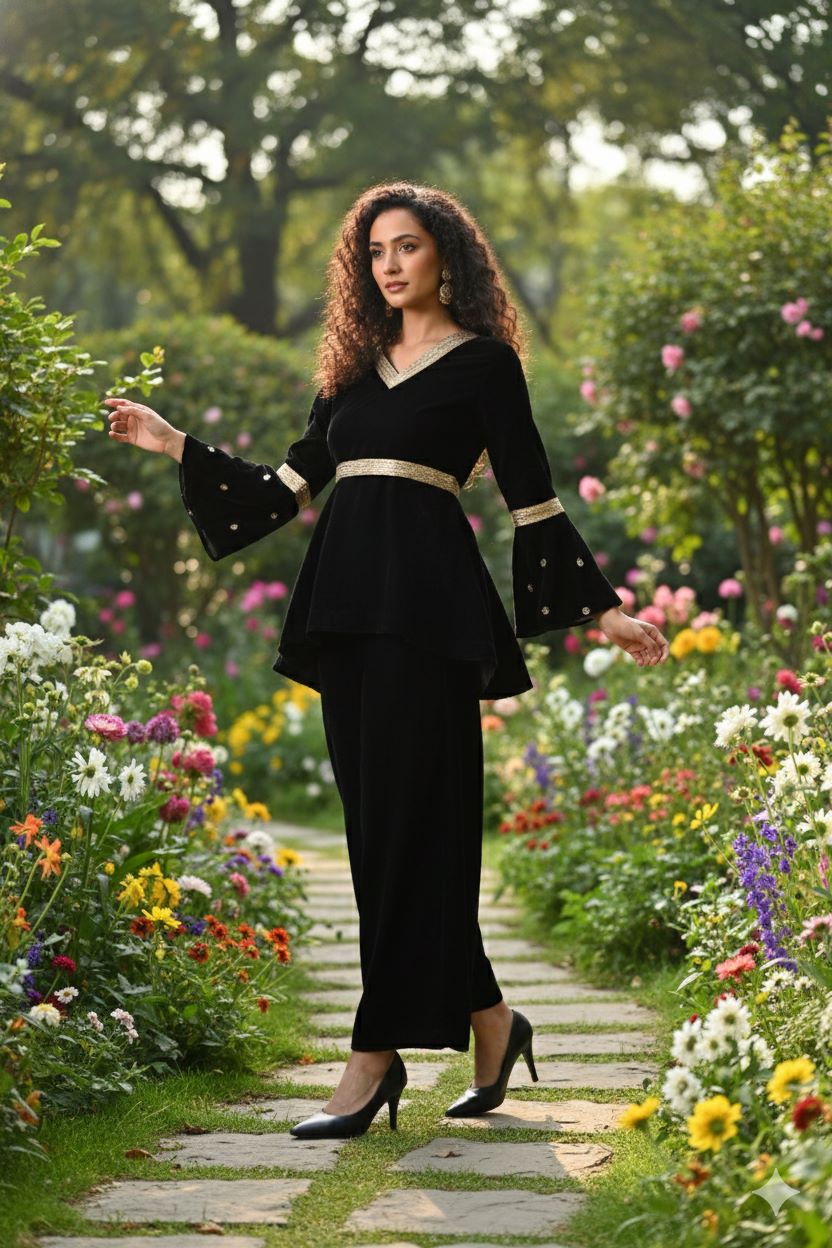 Myshka Women Black Velvet Peplum Top with Belt & Trouser Co-ord Set 