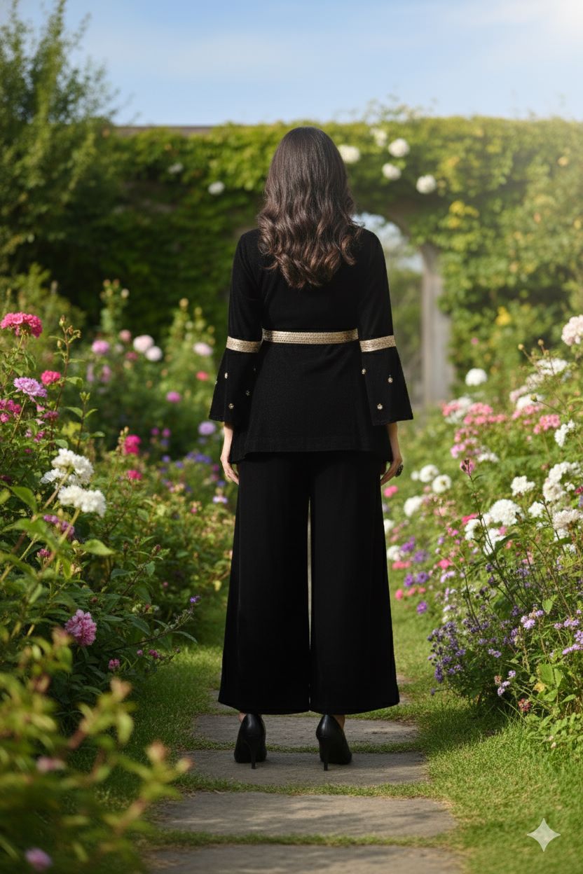 Myshka Women Black Velvet Peplum Top with Belt & Trouser Co-ord Set 