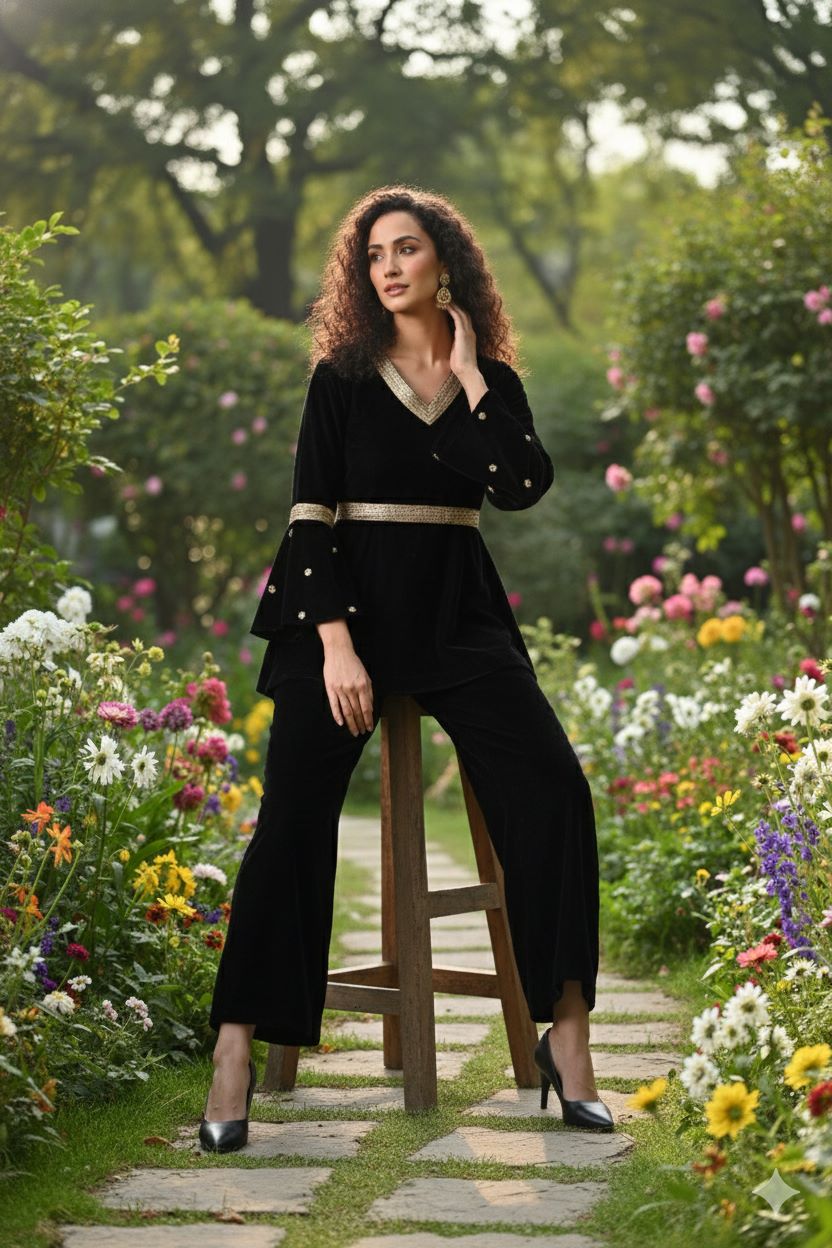 Myshka Women Black Velvet Peplum Top with Belt & Trouser Co-ord Set 