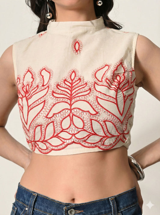 Myshka Women Off White Thread Embroidered Halter Neck Saree Blouse