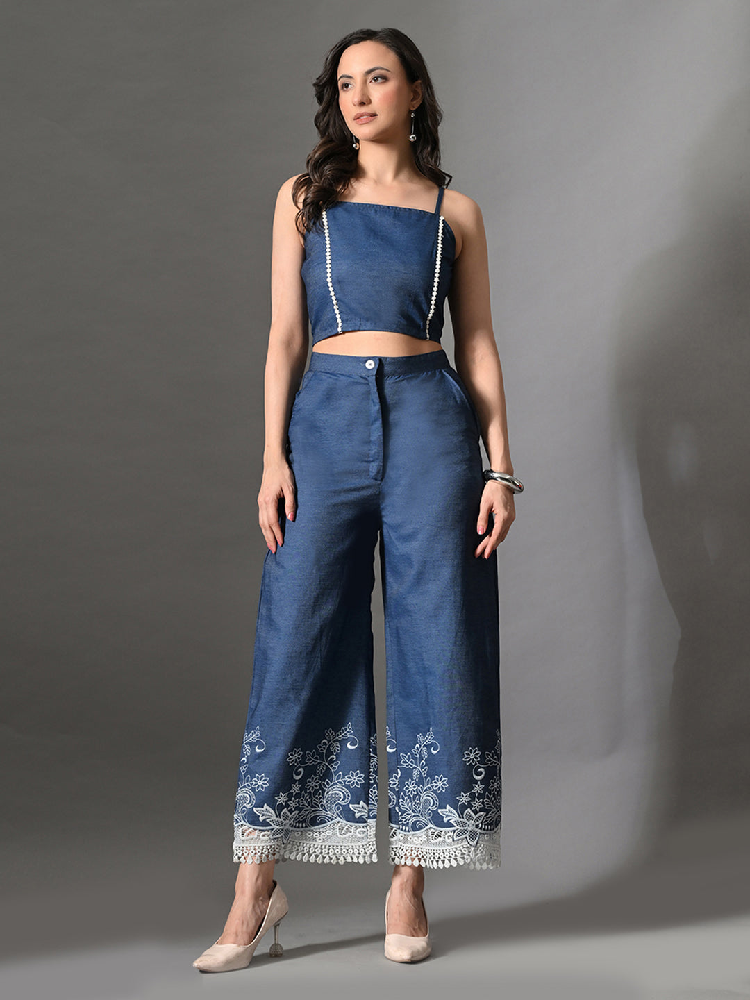 Myshka Women Blue Embellished Crop Top and Laced Trouser Co-ord Set | Grab2Buy