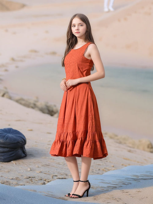 Myshka Girls Rust Pure Cotton Sleeveless Schiffli Top and Flared Skirt