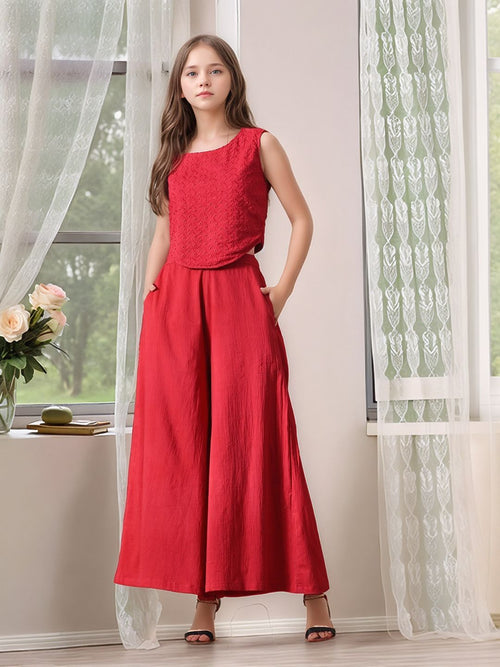 Myshka Girls Maroon Pure Cotton Sleeveless Schiffli Top with Flared Trouser