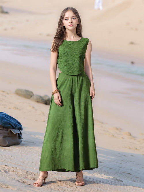 Myshka Girls Green Pure Cotton Sleeveless Schiffli Top with Flared Trouser