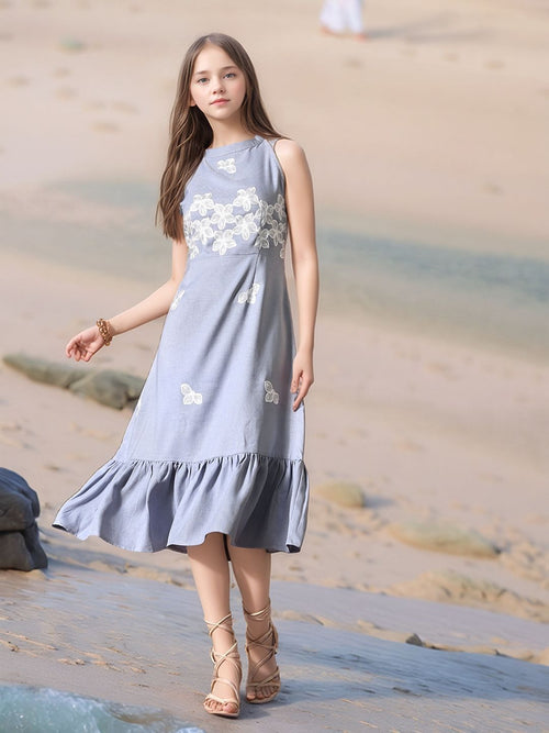 Myshka Girls Linen Cotton Embroidered Maxi Dress