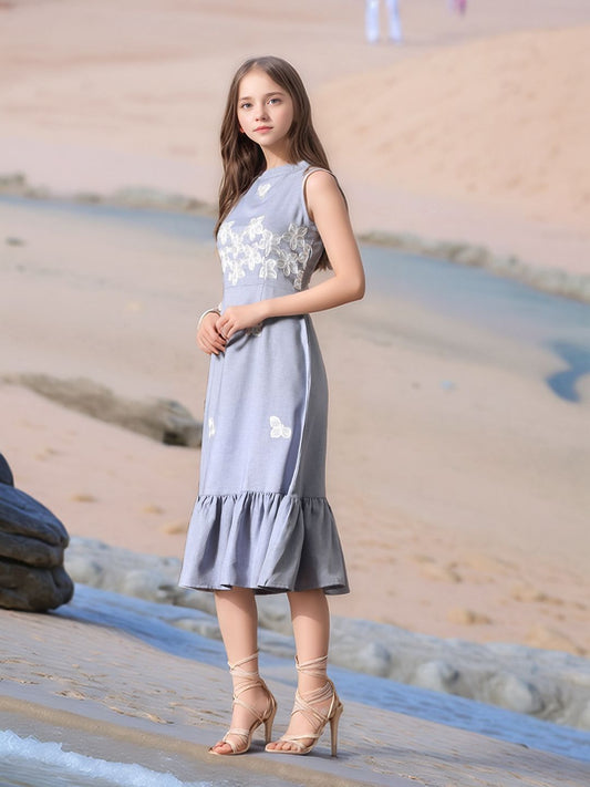 Myshka Girls Linen Cotton Embroidered Maxi Dress