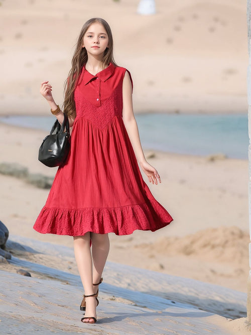 Myshka Girls Pure Cotton Pink Schiffli Midi Dress