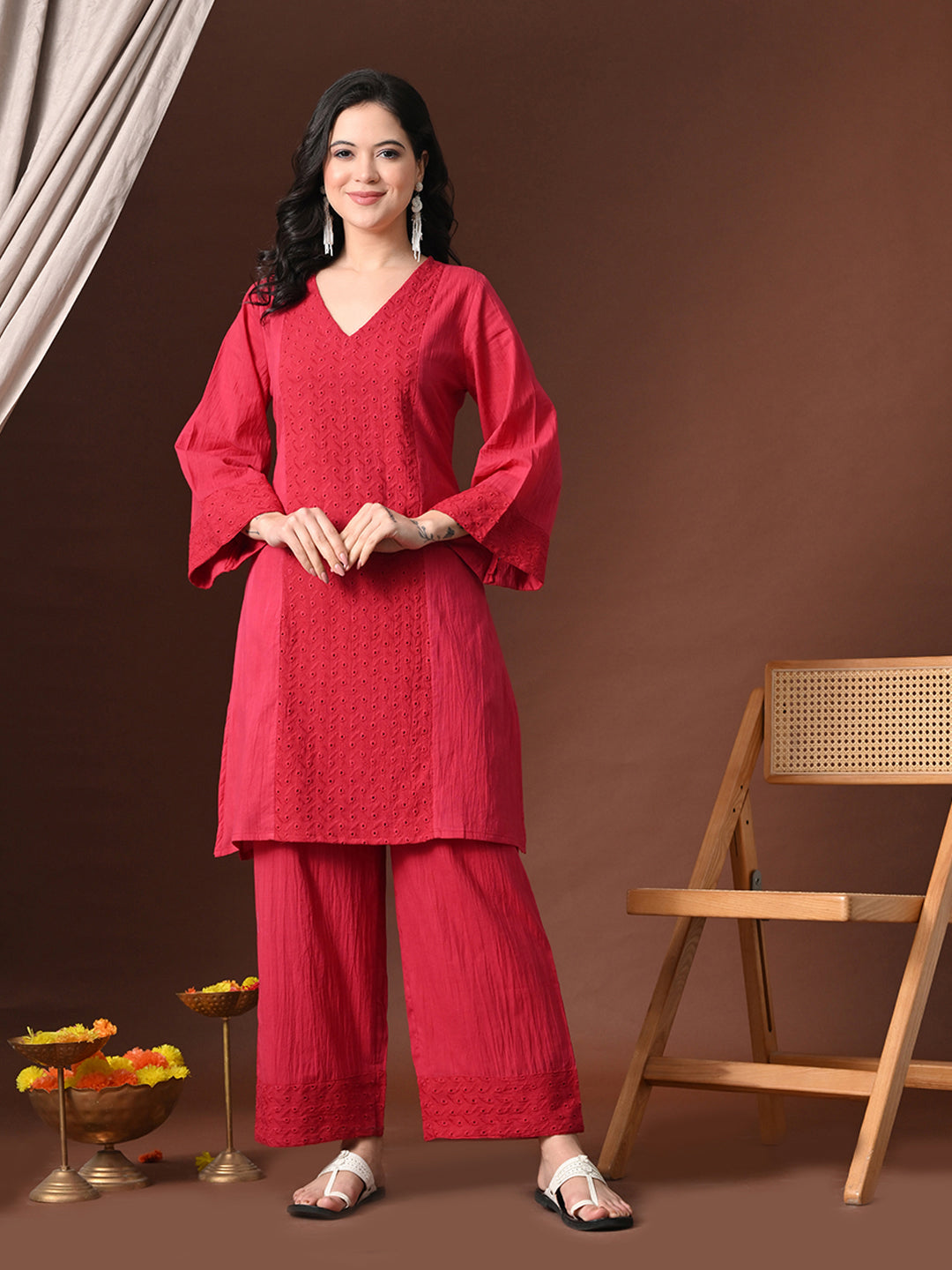 Myshka Women Red Pure Cotton Embroiderd Three-Forth Sleeve Kurta with Trouser