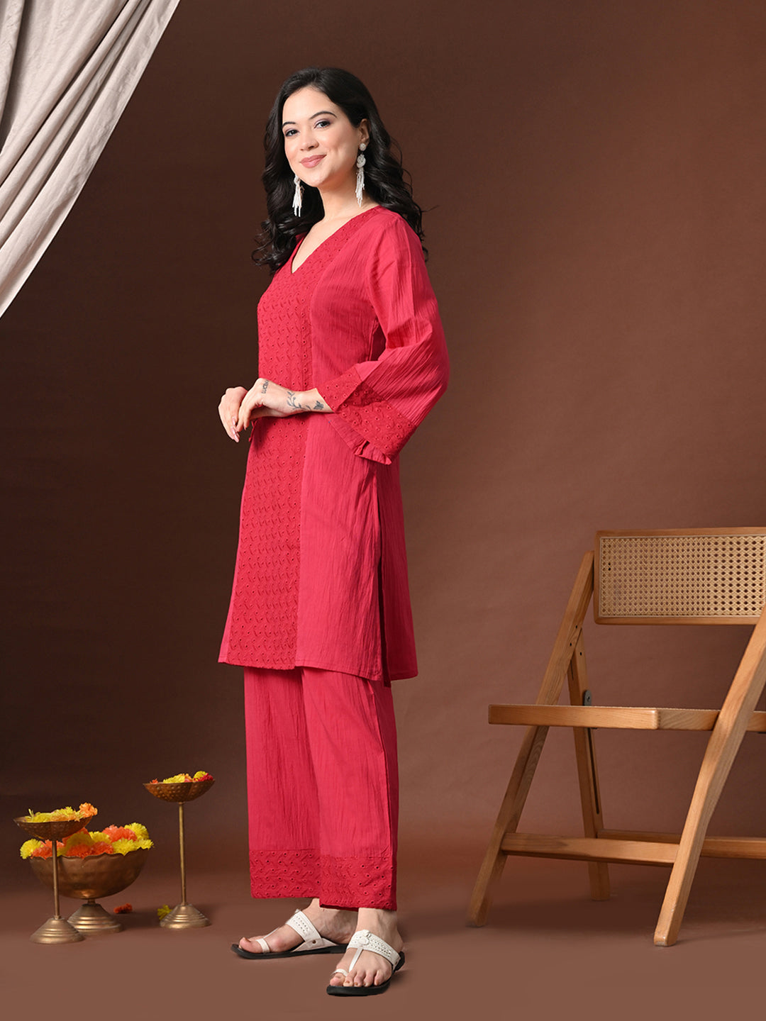 Myshka Women Red Pure Cotton Embroiderd Three-Forth Sleeve Kurta with Trouser