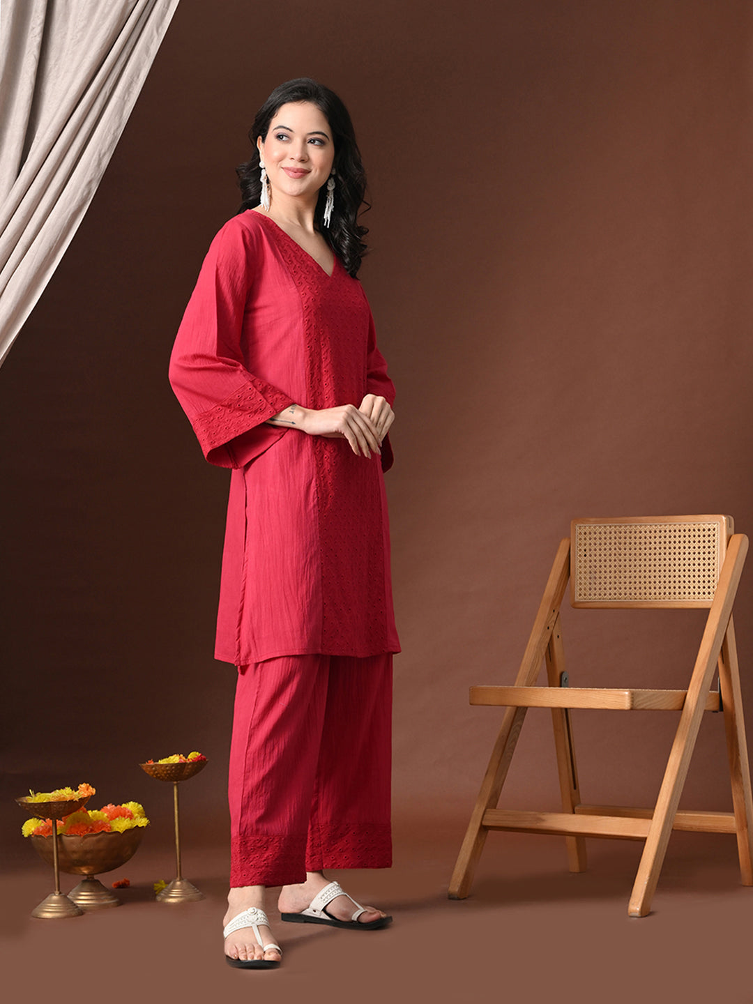 Myshka Women Red Pure Cotton Embroiderd Three-Forth Sleeve Kurta with Trouser