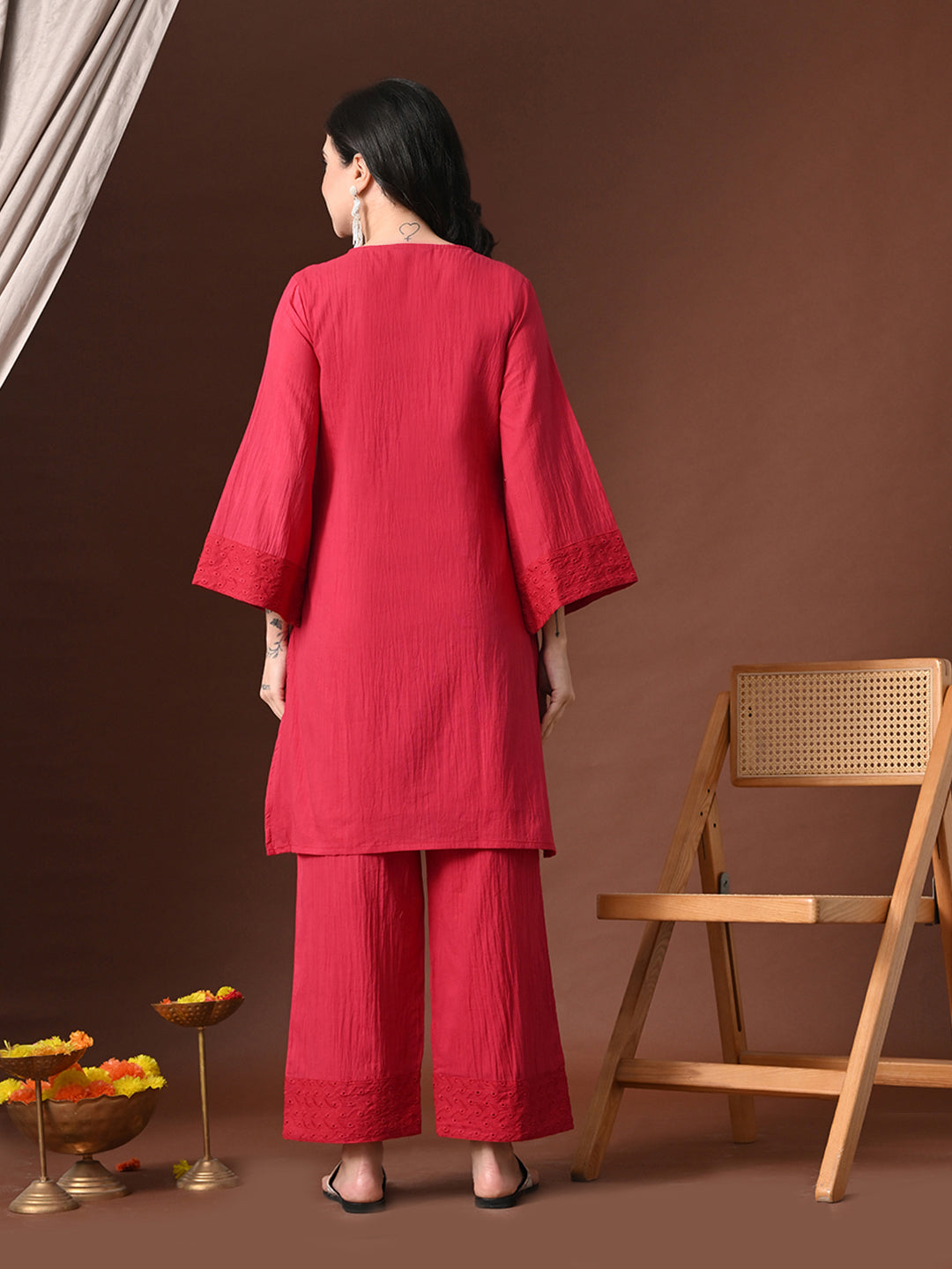 Myshka Women Red Pure Cotton Embroiderd Three-Forth Sleeve Kurta with Trouser