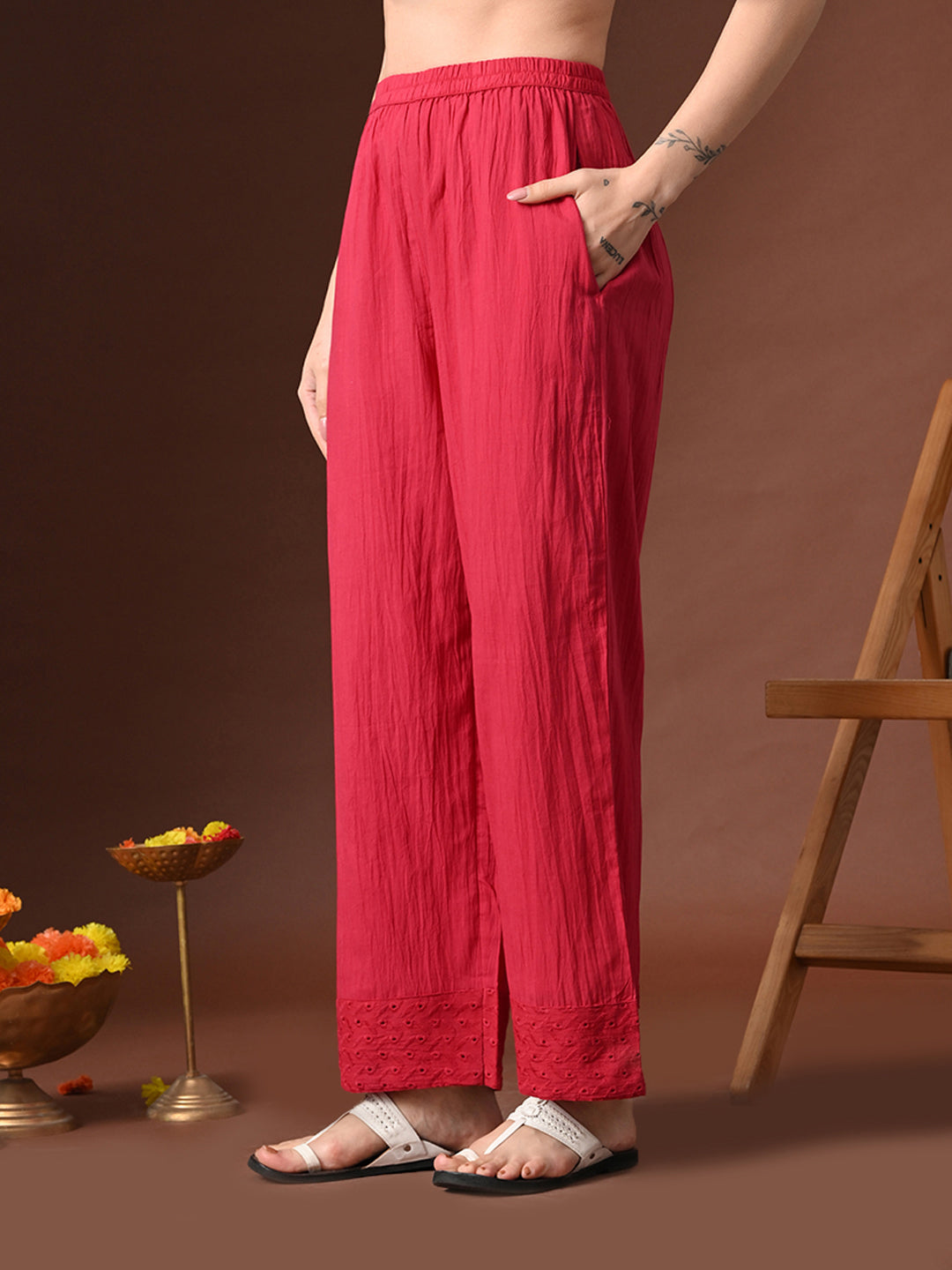 Myshka Women Red Pure Cotton Embroiderd Three-Forth Sleeve Kurta with Trouser