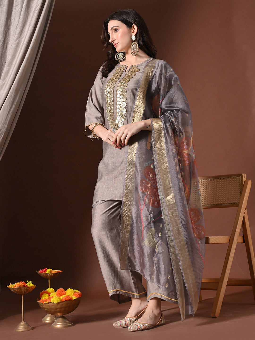 Myshka Women Grey Floral Yoke Design Sequinned A-Line Kurta Set with Dupatta