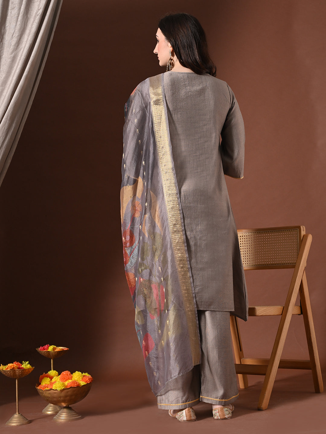 Myshka Women Grey Floral Yoke Design Sequinned A-Line Kurta Set with Dupatta