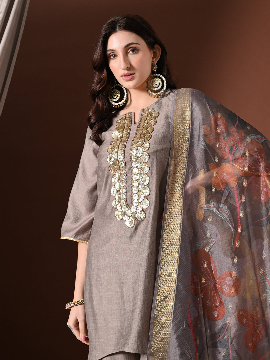 Myshka Women Grey Floral Yoke Design Sequinned A-Line Kurta Set with Dupatta