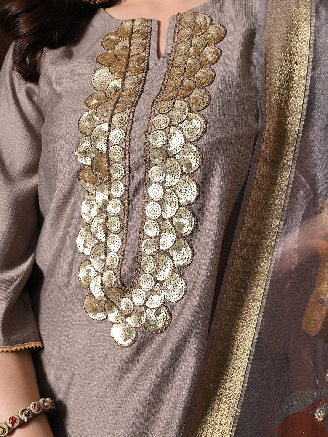 Myshka Women Grey Floral Yoke Design Sequinned A-Line Kurta Set with Dupatta