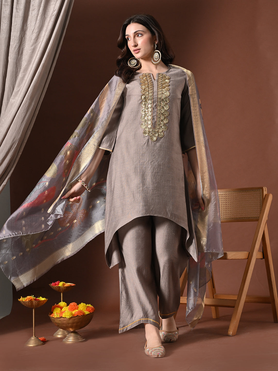 Myshka Women Grey Floral Yoke Design Sequinned A-Line Kurta Set with Dupatta