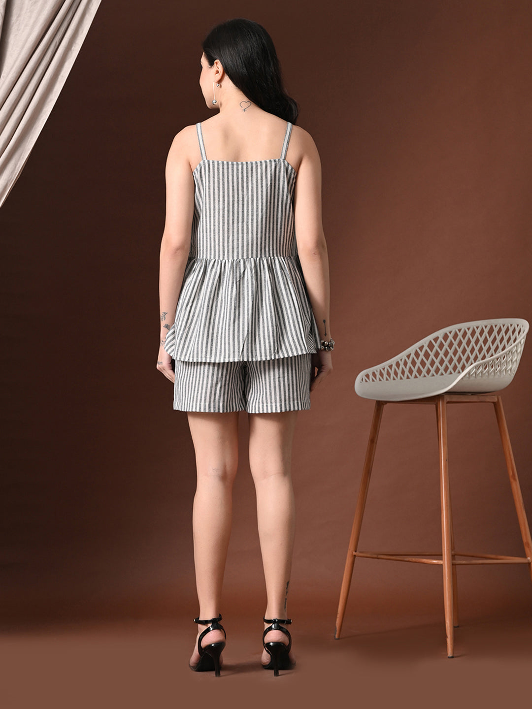 Myshka Women Cotton Striped Shoulder Sleeve Peplum Top with Shorts