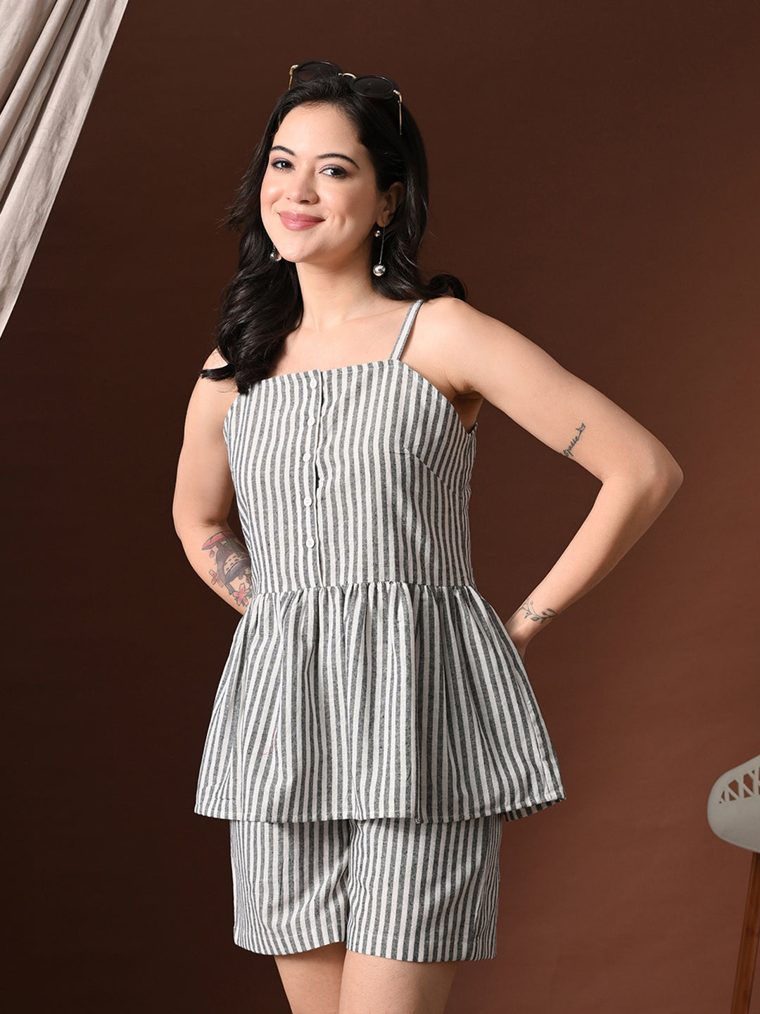 Myshka Women Cotton Striped Shoulder Sleeve Peplum Top with Shorts