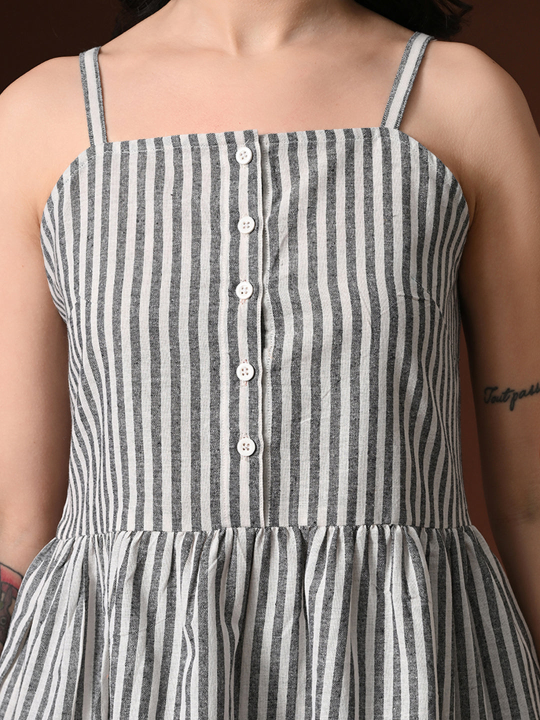 Myshka Women Cotton Striped Shoulder Sleeve Peplum Top with Shorts
